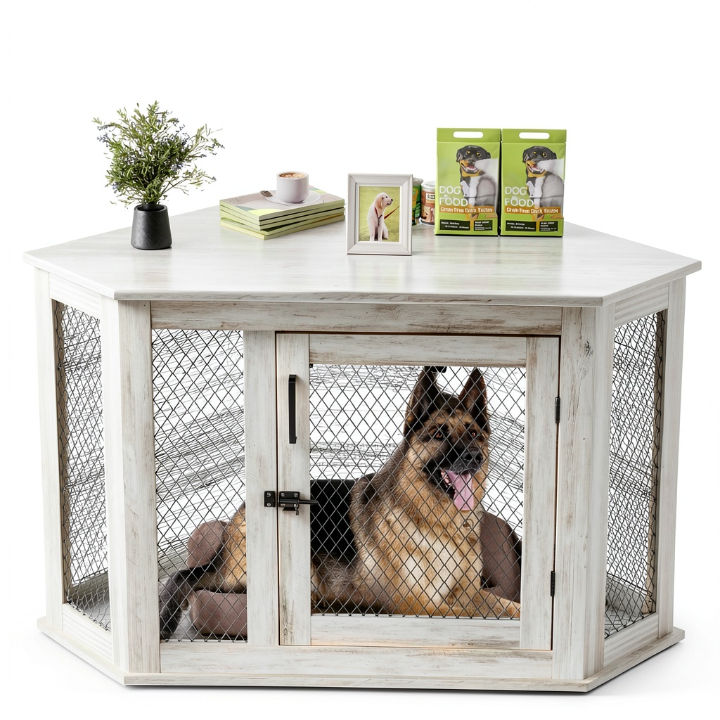 Installing PUKAMI Corner Dog Crate Furniture Space Saving Design in a living room corner