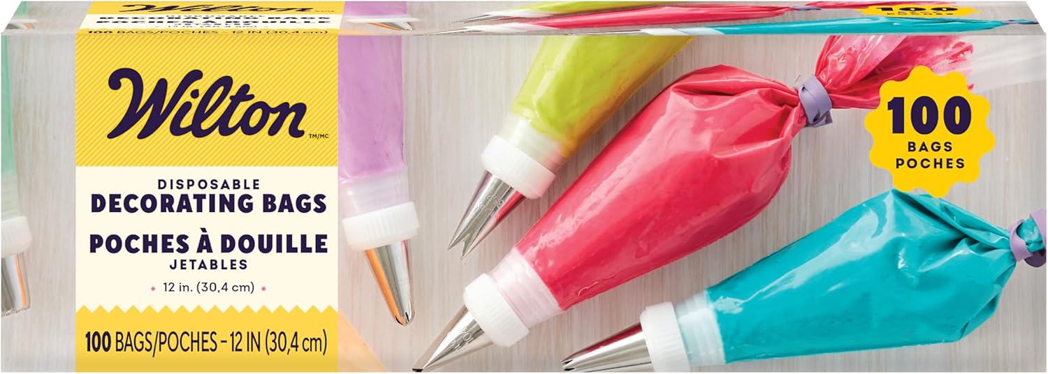 Wilton Disposable Pastry Bags Plastic Decorating Tools on a kitchen workbench
