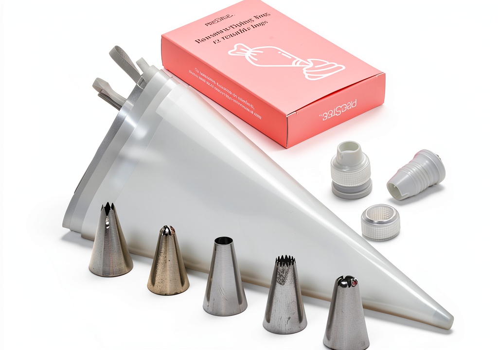 Prestee piping bag set with tips and couplers on a kitchen counter