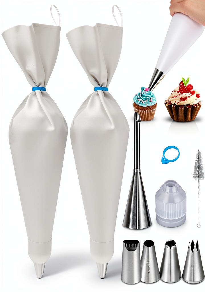 USHYIMJT pastry bag set with frosting tips on a kitchen counter