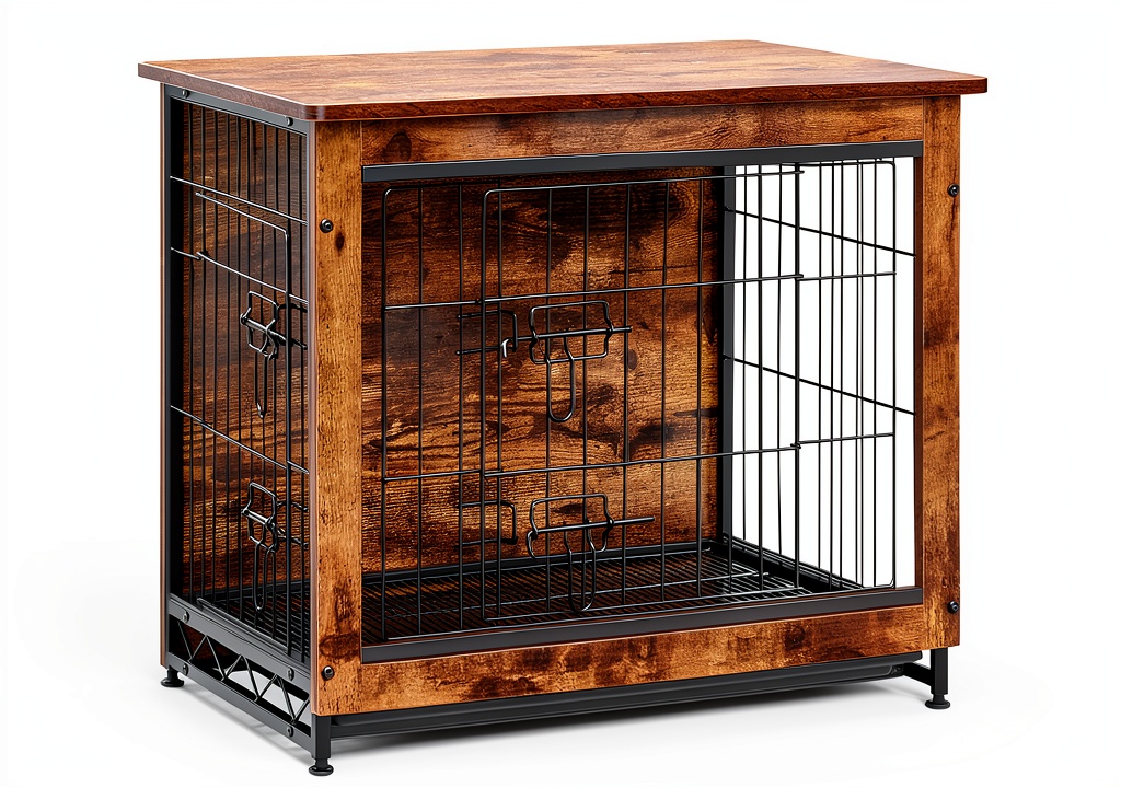 Feandrea dog crate used as a side table in a living room