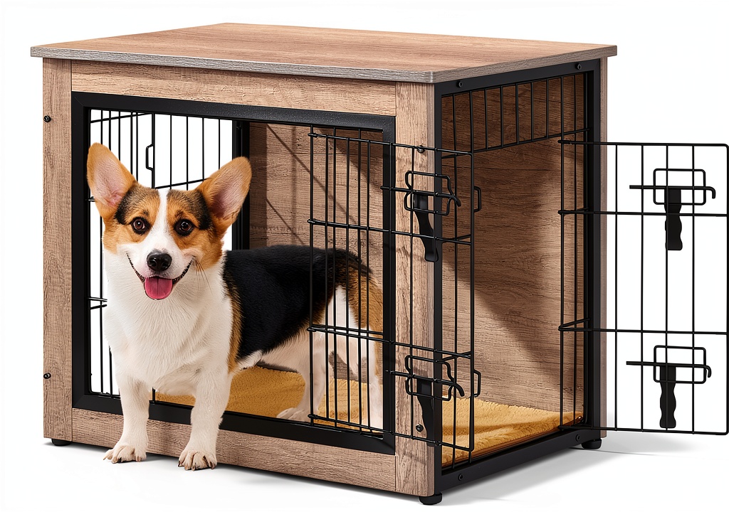 Yaheetech dog crate used as a side table in a living room