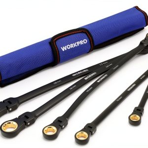 WORKPRO Extra Long Flex-Head Ratcheting Wrench Set, 5-piece Anti-Slip Double Box Wrenches Set, Metric 8-19 mm, 72-Teeth, Cr-V Steel and Black Electrophoretic Coating Wrenches with Rolling Pouch-0