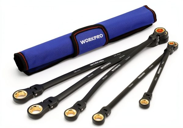 WORKPRO Extra Long Flex-Head Ratcheting Wrench Set, 5-piece Anti-Slip Double Box Wrenches Set, Metric 8-19 mm, 72-Teeth, Cr-V Steel and Black Electrophoretic Coating Wrenches with Rolling Pouch-0