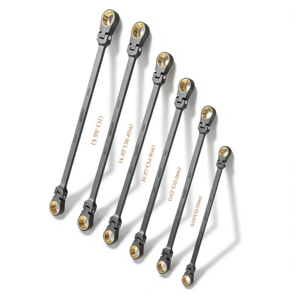 SUZUME Extra Long Flex Head Ratcheting Wrench Set 6PCS (8-19mm) Double Box End Metric EVA Foam 180° Flexible Head 15K Gear Cycles Tested Black Chrome Finish CR-V Steel for Tight Engine Bays with Pouch-6