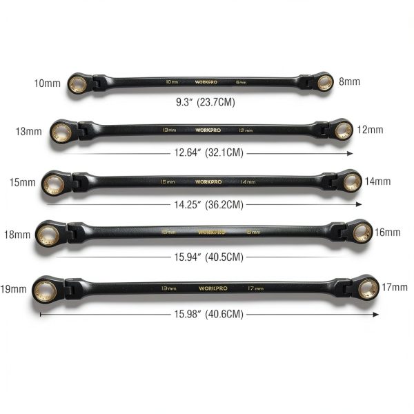 WORKPRO Extra Long Flex-Head Ratcheting Wrench Set, 5-piece Anti-Slip Double Box Wrenches Set, Metric 8-19 mm, 72-Teeth, Cr-V Steel and Black Electrophoretic Coating Wrenches with Rolling Pouch-3