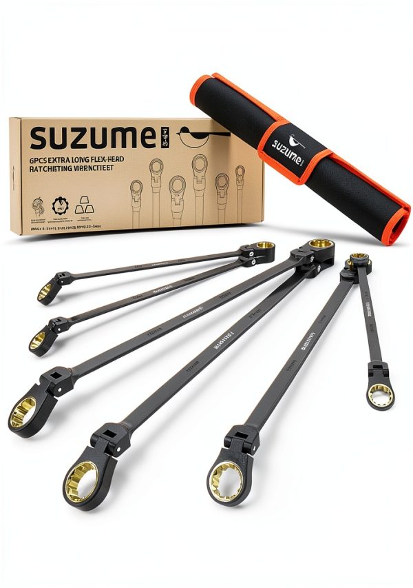 SUZUME Extra Long Flex Head Ratcheting Wrench Set 6PCS (8-19mm) Double Box End Metric EVA Foam 180° Flexible Head 15K Gear Cycles Tested Black Chrome Finish CR-V Steel for Tight Engine Bays with Pouch-0