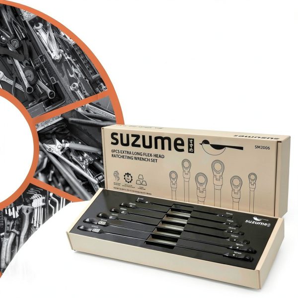 SUZUME Extra Long Flex Head Ratcheting Wrench Set 6PCS (8-19mm) Double Box End Metric EVA Foam 180° Flexible Head 15K Gear Cycles Tested Black Chrome Finish CR-V Steel for Tight Engine Bays with Pouch-7
